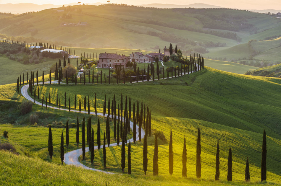 Toscane - Val d'Orcia - groen glooiend landschap met cipressen om kronkelende weg