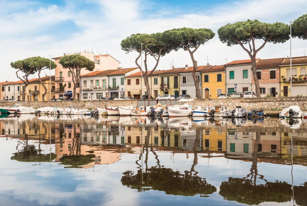 VIAREGGIO, panoramic view of town and the Burlamacca canal with boats, Viareggio, Italy.Popular touristic place and home of the famous carnival of Viareggio.