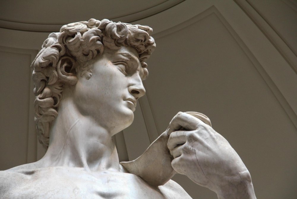 Close Up of Statue of David of Michelangelo in Accademia Gallery of Florence, Galleria dell'Accademia, Italy