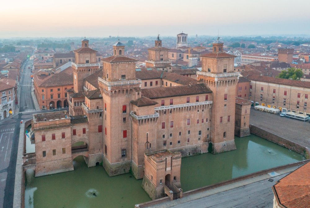 Aerial view of Castello Estense in the Italian town Ferrara
