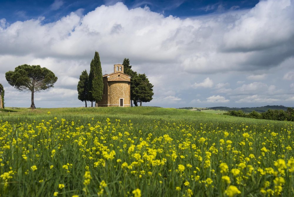 Cappella della Madonna di Vitaleta, Vitaleta kapel in de buurt van Pienza, Val d'Orcia, Provincie Siena, Toscane, Italië, Europa